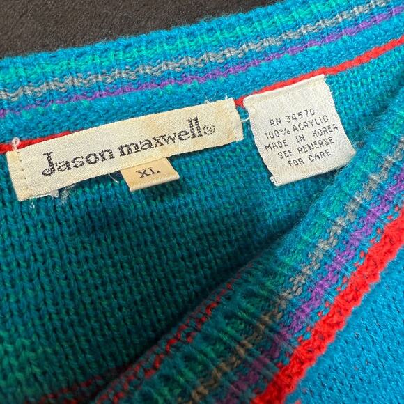 Vintage Jason Maxwell Sweater 80s Geometric Knit Turquoise Pullover Korea XL - Picture 8 of 9
